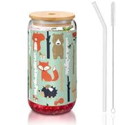 MDATT Cute Fox Bear Bird Bunny Tree Printing 16oz Drinking Glasses with Lids and Straws,Cute Water Glasses for Juice,Beer,Coffee,Tea
