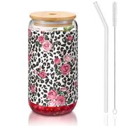 MDATT Cute Pink Rose Mix Leopard Pattern Printing 16oz Drinking Glasses with Lids and Straws,Cute Water Glasses for Juice,Beer,Coffee,Tea