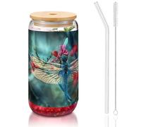 MDATT Dragonfly On The Flower Printing 16oz Drinking Glasses with Lids and Straws,Cute Water Glasses for Juice,Beer,Coffee,Tea