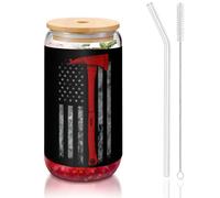 MDATT Firefighter Axe Red Line Flag Printing 16oz Drinking Glasses with Lids and Straws,Cute Water Glasses for Juice,Beer,Coffee,Tea