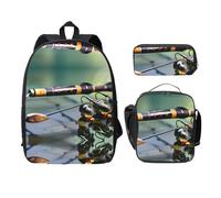 MDATT Fishing Rod Backpacks with Lunch Pack Pencil Case, Lightweight Bookbag for Camping Excursions