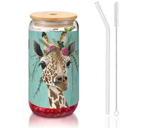 MDATT Giraffe with Floral Printing 16oz Drinking Glasses with Lids and Straws,Cute Water Glasses for Juice,Beer,Coffee,Tea