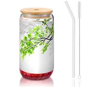 MDATT Green and White Leaf Printing 16oz Drinking Glasses with Lids and Straws,Cute Water Glasses for Juice,Beer,Coffee,Tea