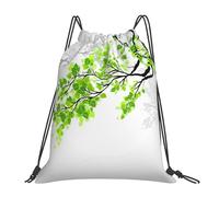 MDATT Green And White Leaf Printing Simple Casual Drawstring Backpack With Drawcords, Adjustable Straps, Foldable For Gym, Travel