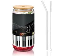 MDATT Guitar Piano Pattern Printing 16oz Drinking Glasses with Lids and Straws,Cute Water Glasses for Juice,Beer,Coffee,Tea