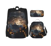 MDATT Halloween Flying Bats 3 Backpacks Study Backpacks with Lunch Box Pencil Case Canvas Travel Bag for Elementary Student