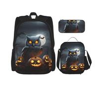 MDATT Halloween Owl Ghost Pumpkin Backpacks Study Backpacks with Lunch Box Pencil Case Canvas Travel Bag for Elementary Student