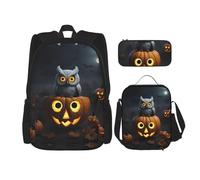 MDATT Halloween Owl Ghost Pumpkin Backpacks Study Backpacks with Lunch Box Pencil Case Canvas Travel Bag for Elementary Student