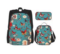 MDATT Hen Flying Butterflies Among Flowers Backpacks Study Backpacks with Lunch Box Pencil Case Canvas Travel Bag for Elementary Student