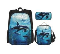 MDATT Killer Whales Swim Along Backpacks Study Backpacks with Lunch Box Pencil Case Canvas Travel Bag for Elementary Student