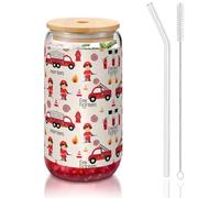 MDATT Little Boys and Girls in Firefighters Printing 16oz Drinking Glasses with Lids and Straws,Cute Water Glasses for Juice,Beer,Coffee,Tea