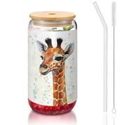 MDATT Little Giraffe Printing 16oz Drinking Glasses with Lids and Straws,Cute Water Glasses for Juice,Beer,Coffee,Tea