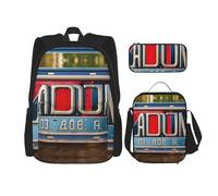 MDATT Old License Picture Backpacks Study Backpacks with Lunch Box Pencil Case Canvas Travel Bag for Elementary Student