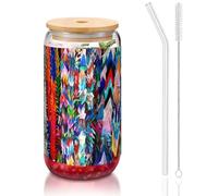 MDATT Origami Multicolor Papercraft Cranes Printing 16oz Drinking Glasses with Lids and Straws,Cute Water Glasses for Juice,Beer,Coffee,Tea