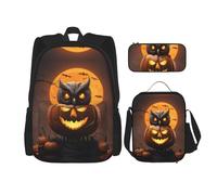 MDATT Owl Pumpkin Happy Halloween Backpacks Study Backpacks with Lunch Box Pencil Case Canvas Travel Bag for Elementary Student