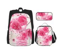 MDATT Pink Flowers Backpack with Lunch Box Anime Backpack School Bag Bookbag Backpack Set for Three