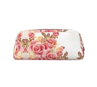MDATT Pink Rose Blossom Printing Cute Pen Stationery Bag Leather Pencil Pouch for Students Zipper Bag for Pens,Pencils,Markers