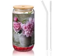 MDATT Pretty Roses Printing 16oz Drinking Glasses with Lids and Straws,Cute Water Glasses for Juice,Beer,Coffee,Tea