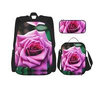 MDATT Purple Rose Flower Backpacks Study Backpacks with Lunch Box Pencil Case Canvas Travel Bag for Elementary Student