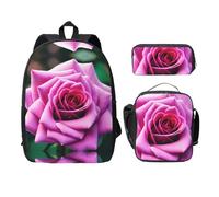 MDATT Purple Rose Flower Backpacks with Lunch Pack Pencil Case, Lightweight Bookbag for Camping Excursions