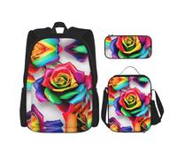 MDATT Rainbow Rose Flower Backpacks Study Backpacks with Lunch Box Pencil Case Canvas Travel Bag for Elementary Student