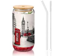 MDATT Red Phone Booth London Street Printing 16oz Drinking Glasses with Lids and Straws,Cute Water Glasses for Juice,Beer,Coffee,Tea