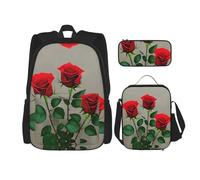 MDATT Red Rose Flowers Backpacks Study Backpacks with Lunch Box Pencil Case Canvas Travel Bag for Elementary Student
