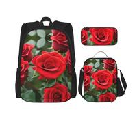 MDATT Red Rose Flowers Backpacks Study Backpacks with Lunch Box Pencil Case Canvas Travel Bag for Elementary Student