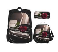 MDATT Red Rose On Piano Backpacks Study Backpacks with Lunch Box Pencil Case Canvas Travel Bag for Elementary Student