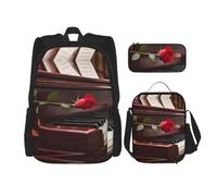 MDATT Red Rose On Piano Backpacks Study Backpacks with Lunch Box Pencil Case Canvas Travel Bag for Elementary Student