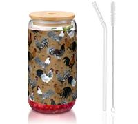 MDATT Rooster and Chicken Print Printing 16oz Drinking Glasses with Lids and Straws,Cute Water Glasses for Juice,Beer,Coffee,Tea