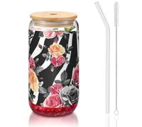 MDATT Roses Flower Floral Zebra Stripes Printing 16oz Drinking Glasses with Lids and Straws,Cute Water Glasses for Juice,Beer,Coffee,Tea