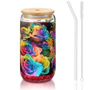 MDATT Roses Flowers Printing 16oz Drinking Glasses with Lids and Straws,Cute Water Glasses for Juice,Beer,Coffee,Tea
