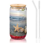 MDATT Seashells On The Beach Printing 16oz Drinking Glasses with Lids and Straws,Cute Water Glasses for Juice,Beer,Coffee,Tea