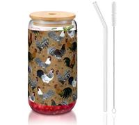 MDATT Shine Rooster Printing 16oz Drinking Glasses with Lids and Straws,Cute Water Glasses for Juice,Beer,Coffee,Tea