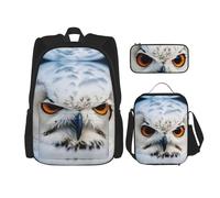 MDATT Snowy Owl Eyes Backpacks Study Backpacks with Lunch Box Pencil Case Canvas Travel Bag for Elementary Student