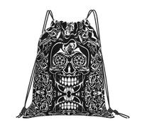 MDATT Sugar Skulls Black Floral Flowers Printing Simple Casual Drawstring Backpack With Drawcords, Adjustable Straps, Foldable For Gym, Travel