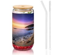 MDATT Sun The Beach with Pebbles Printing 16oz Drinking Glasses with Lids and Straws,Cute Water Glasses for Juice,Beer,Coffee,Tea