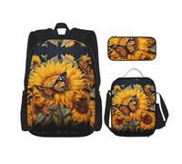 MDATT Sunflower Butterfly Backpacks Study Backpacks with Lunch Box Pencil Case Canvas Travel Bag for Elementary Student