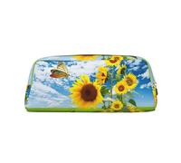 MDATT Sunflower Butterfly Printing Cute Pen Stationery Bag Leather Pencil Pouch for Students Zipper Bag for Pens,Pencils,Markers