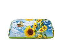 MDATT Sunflower Butterfly Printing Cute Pen Stationery Bag Leather Pencil Pouch for Students Zipper Bag for Pens,Pencils,Markers