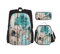 MDATT Teal Flower On Wooden Plank Backpack with Lunch Box Anime Backpack School Bag Bookbag Backpack Set for Three