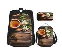 MDATT Teal Flower On Wooden Plank Backpacks Study Backpacks with Lunch Box Pencil Case Canvas Travel Bag for Elementary Student
