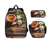 MDATT Teal Flower On Wooden Plank Backpacks with Lunch Pack Pencil Case, Lightweight Bookbag for Camping Excursions
