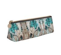 MDATT Teal Flower On Wooden Plank Multifunctional Leather Pencil Case with Large Storagecapacity Classic Triangular Design