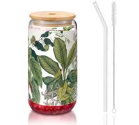 MDATT Tropical Flower Leaf Parrot Printing 16oz Drinking Glasses with Lids and Straws,Cute Water Glasses for Juice,Beer,Coffee,Tea