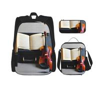 MDATT Violin and Book Backpacks Study Backpacks with Lunch Box Pencil Case Canvas Travel Bag for Elementary Student
