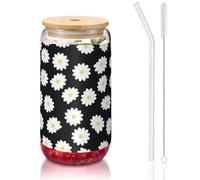 MDATT White Daisy 2 Printing 16oz Drinking Glasses with Lids and Straws,Cute Water Glasses for Juice,Beer,Coffee,Tea