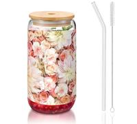 MDATT White Flower Printing 16oz Drinking Glasses with Lids and Straws,Cute Water Glasses for Juice,Beer,Coffee,Tea