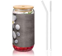 MDATT White Flower with Stone Printing 16oz Drinking Glasses with Lids and Straws,Cute Water Glasses for Juice,Beer,Coffee,Tea